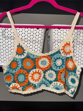 Crochet Circle-Print Crop Top in Teal, Orange & Cream